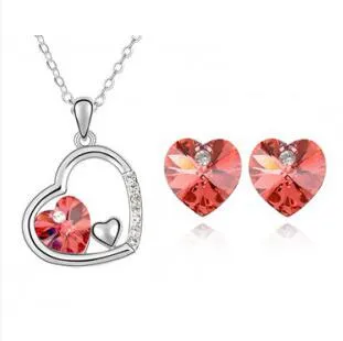 Oostenrijkse kristal hart charme liefde sieraden sets ketting oorbellen 925 verzilverde diamant hart sieraden set