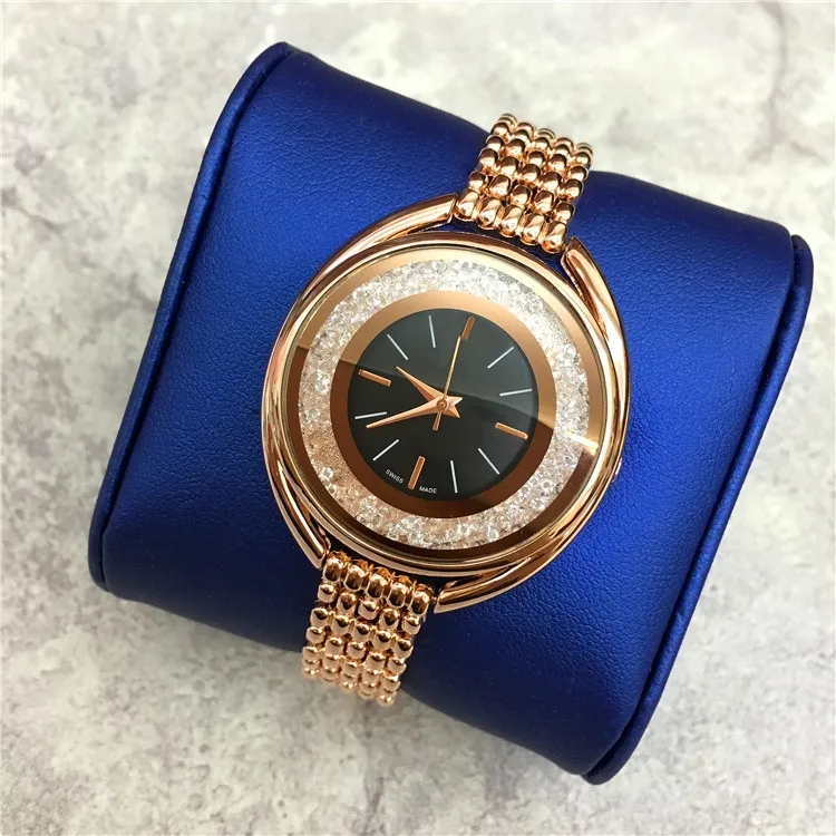 Hot Koop Luxe Vrouwen Horloge Rose Gold Rvs Lady Polshorloge Armband Jurk Horloge Sexy Sieraden Gesp Multi Colors Rolling Diamonds