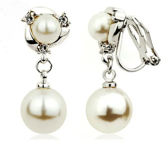 wholesale price pearl crystal Clip-on earring for women , gift gold plated Dangle earrings ,new 2013 style rose / silver color