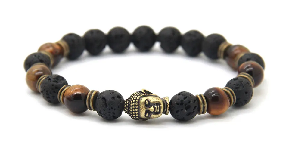 Hot Koop Lava Stone Beads Boeddha Heren Armbanden, Goud, Sliver en Bronez Boeddha, Black Yoga Armband, Unisex