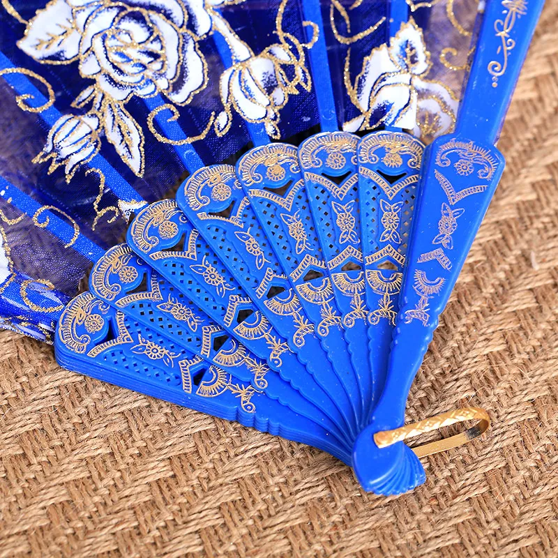 Rose Plastic Frame Lace Silk Hand Fan Chinese Craft Dance Folding Fan 