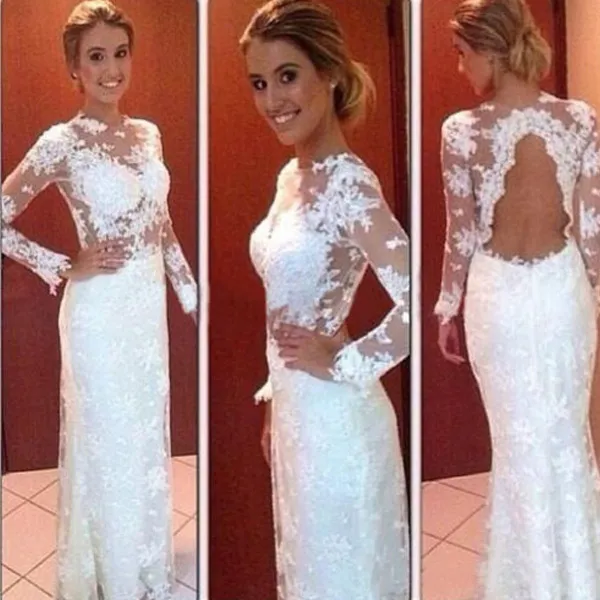 Sexy Sheath Column Wedding Dresses Illusion Jewel Neck Long Sleeves Open Back Full Lace Bridal Gowns Floor Length Illusion Bodice