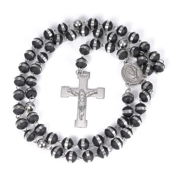 New Arrival Popular Style Black Silicone Rosary Necklace Silver 316L Stainless Steel Religous Beads Chain Crucifix Cross