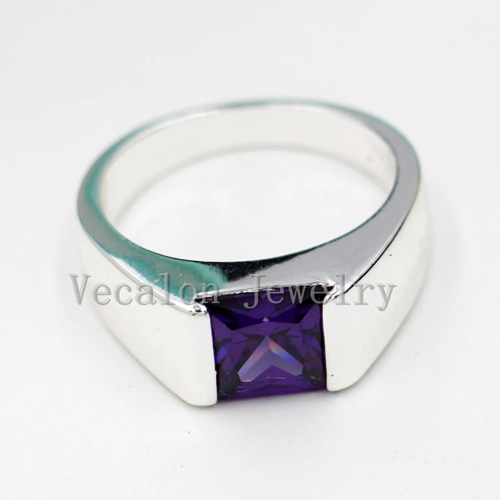 Vecalon Male Jewelry Princess Cut 4ct Amethyst Cz 925 Sterling Silver Engagement wedding Band ring for Men Sz 8-12