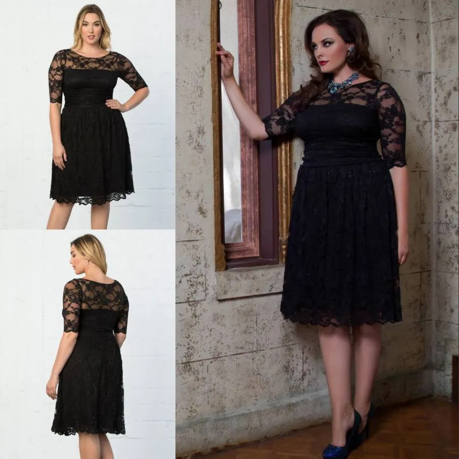 Elegancka Czarna Plus Size Koronki Formalne Suknie Z Pół Rękawami Sheer Bateau Neck Długość Suknie Wieczorowe Rowns A-Line Tanie Sukienka krótka Bal