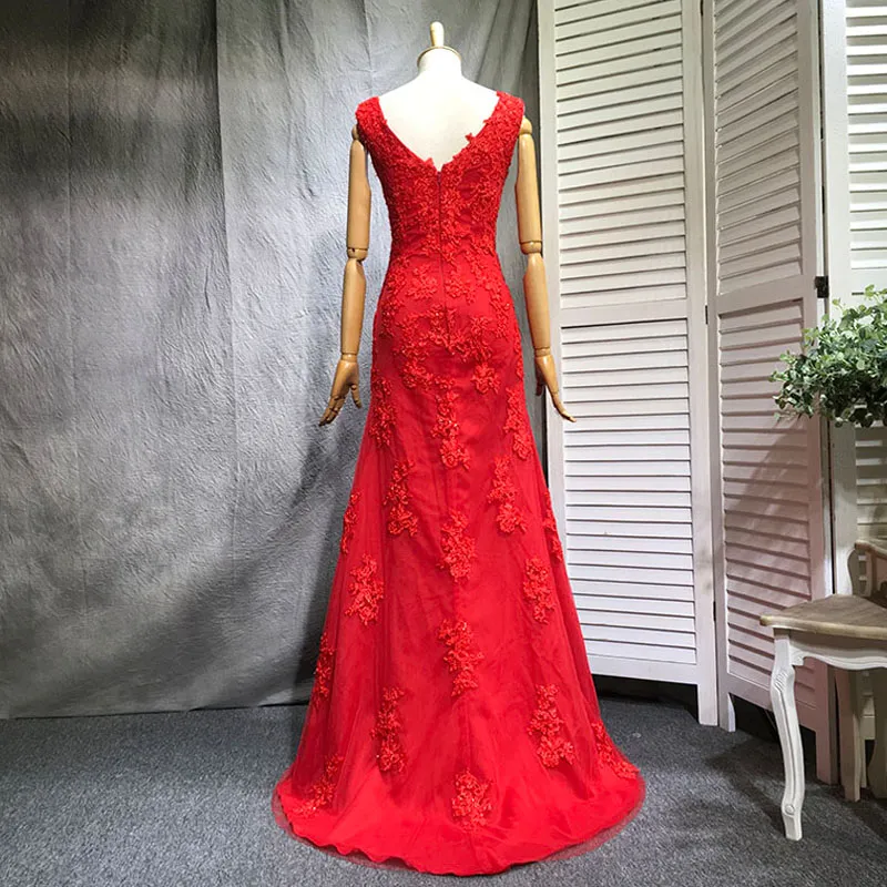 Robe de soirée élégante sirène rouge col en V sans manches fermeture éclair dos balayage train tulle avec appliques florales paillettes vestidos festa sur mesure