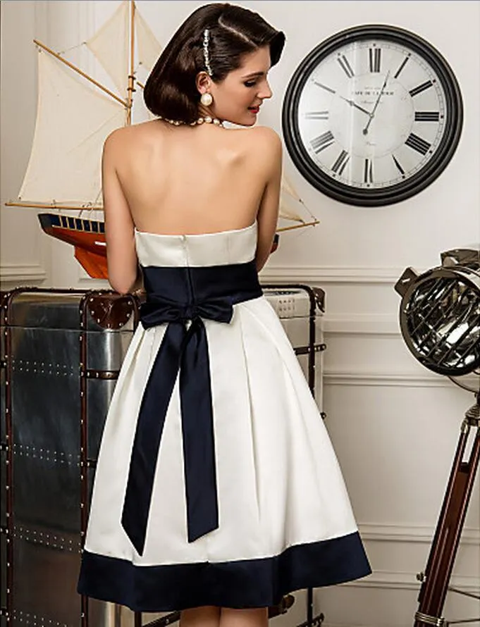 Ivory And Dark Navy Knee-length Strapless Satin A-line Princess Custom Made Beach Wedding Dress Short Dresses