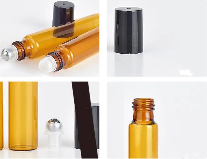 High Quanlity Butelka Steel Metal Roller Ball Refillable Bursztynowy 10ml Roll na Zapach Perfumy Szklane butelki Olej Essential B702