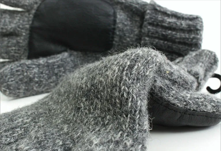Mens Knit Five Fingers Gloves 2 Classic Color Beige Grey Winter Gloves 60% Wool And Real leather Antiskid Mittens