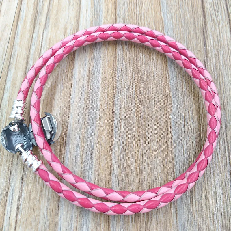 Ögonblick dubbelvävt läderarmband - rosa mix autentisk 925 silver passar europeisk pandora stil smycken charms pärlor handgjorda andy juvel 590747cpmx -d