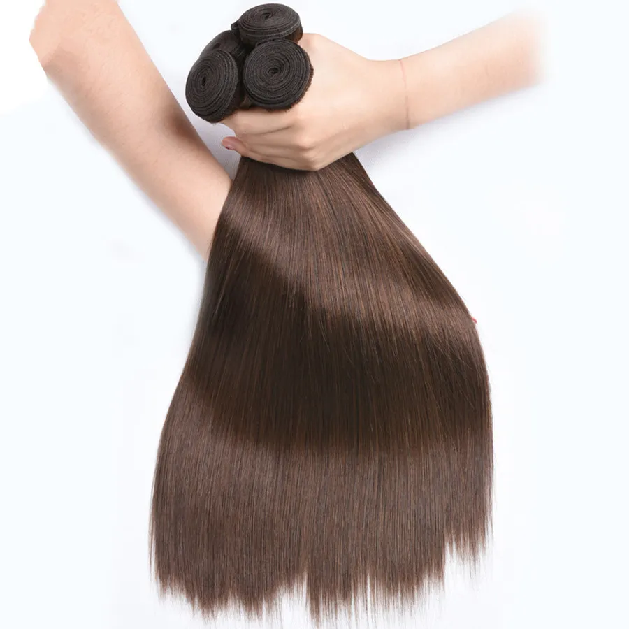Hellbraune peruanische glatte Haartressen mit Verschluss, 4 Stück, Nr. 4, schokoladenbraunes Echthaar, 3 Bündel mit 4x4-Spitzenverschluss