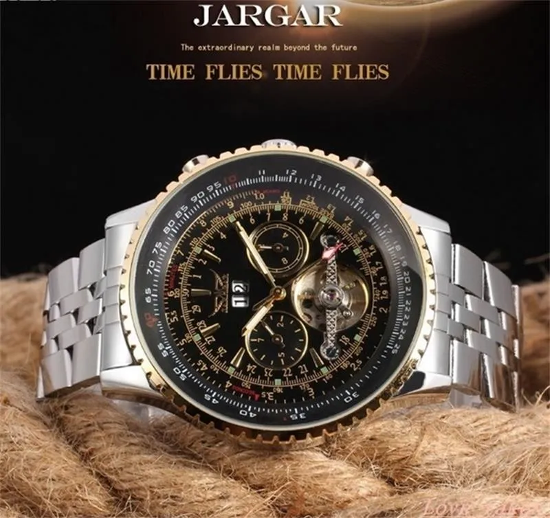 JARAGAR Orologi da polso meccanici automatici a carica automatica Tourbillon Orologio Data settimana 24 ore Display Cinturino in acciaio Orologi di lusso