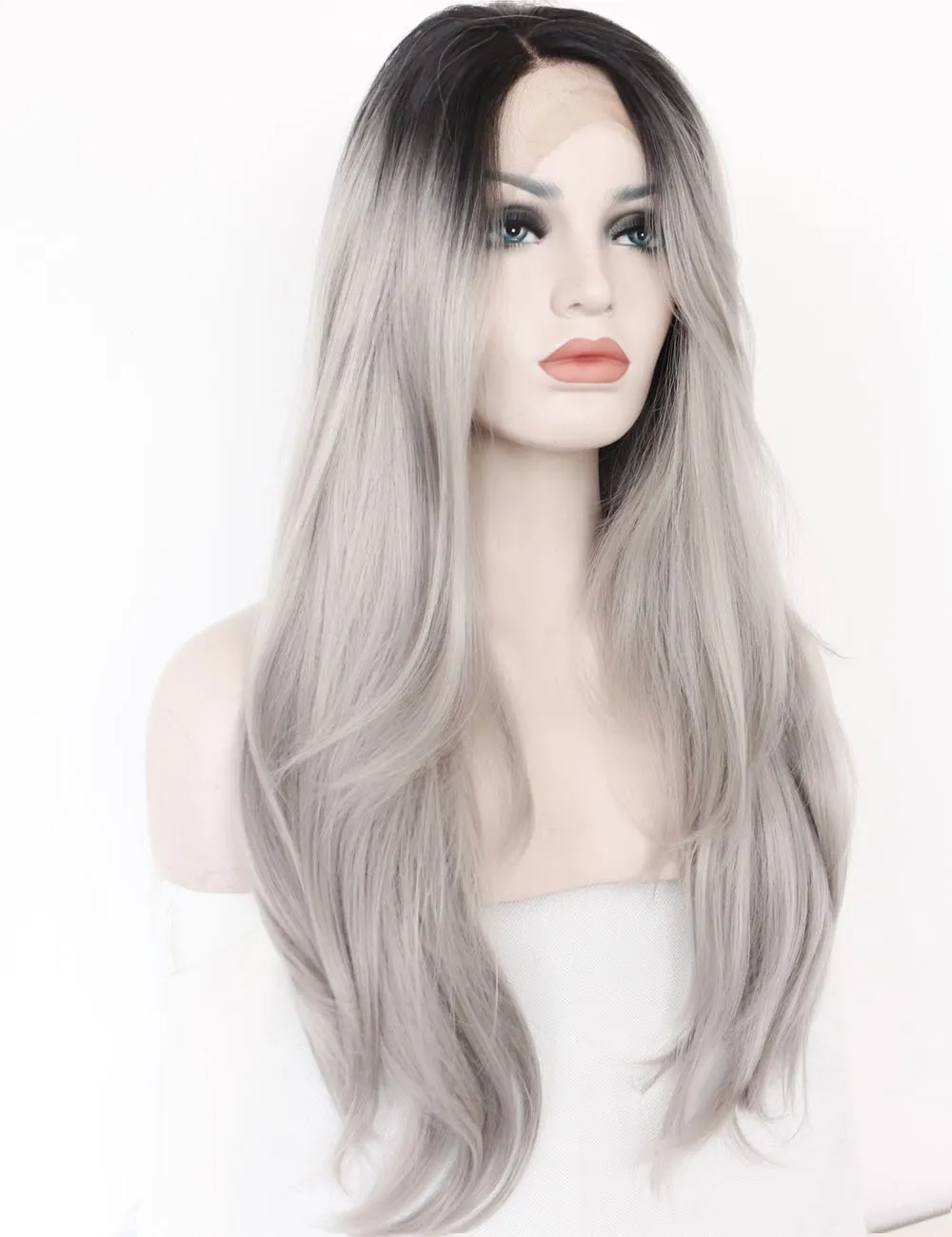 Ombre Gray 2 Tones Synthetic Lace Front Pruik Donkere Wortels Lange Natuurlijke Rechte Zilver Grijs Vervanging Haar Pruiken Voor Vrouwen Hittebestendige Fibe