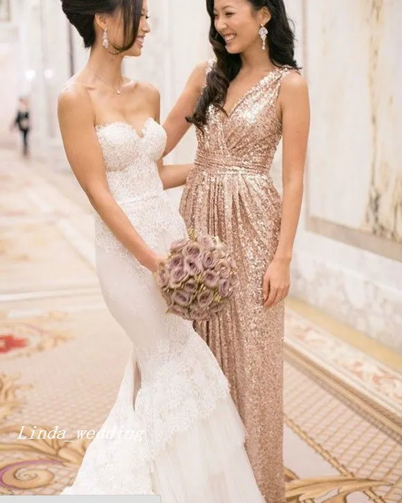 Rose Gold Sparkly Sequins Bridesmaid Dress Popular A-Line V-neck Floor Length Long Maid of Honor Wedding Party Gown