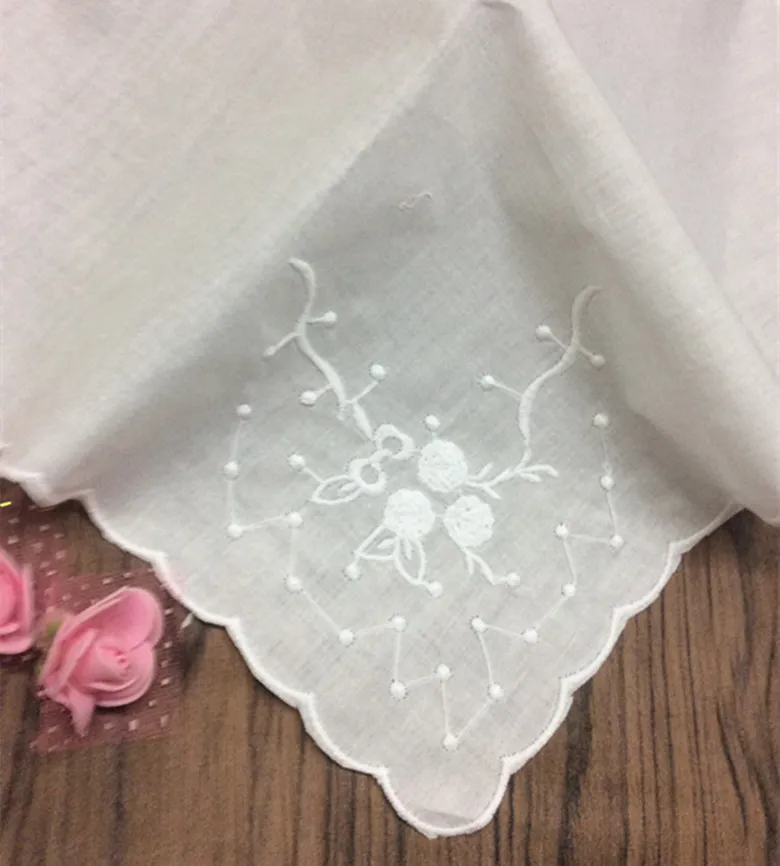 Home Textiles Handkerchief 12x12"White Cotton Wedding Handkerchiefs Vintage hankies Scalloped Edges & embroidered For bride Gifts