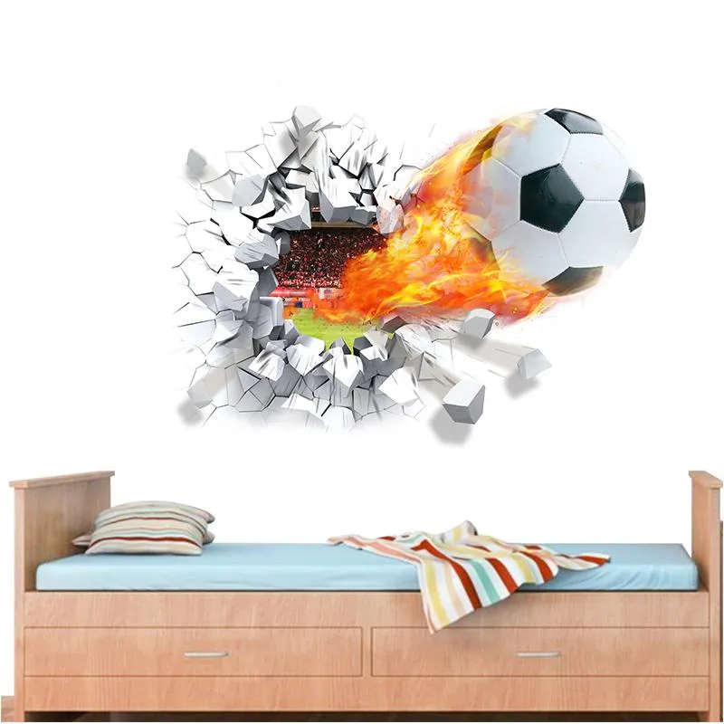 Firing football through wall stickers kids room decoration home decals soccer funs 3d mural art sport game pvc poster 5 0333x6038551