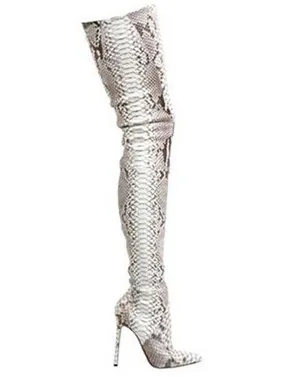 Sexy Brand Python Pattern Leather Pointed Toe Thigh High Boots Kim Women Snakeskin Lady High Heels Over Knee Long Booty Shoes Plus Size 42