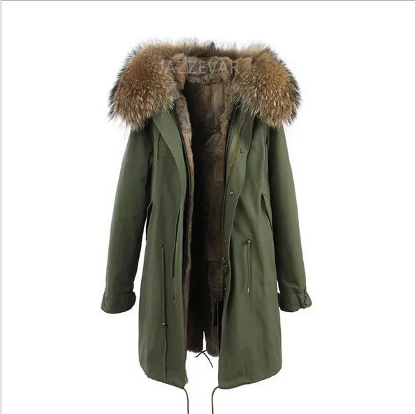 Jazzevar marque rose clair herbe doublure en fourrure de lapin longue coquille délavée bleu demin vestes longues parka de neige