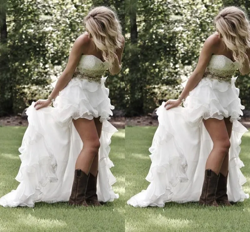 Heiß ! 2016 Modest High Low Country Style Brautkleider Schatz Rüschen Organza Taillierte Hi Lo Brautkleider Plus Size Günstiges Hochzeitskleid
