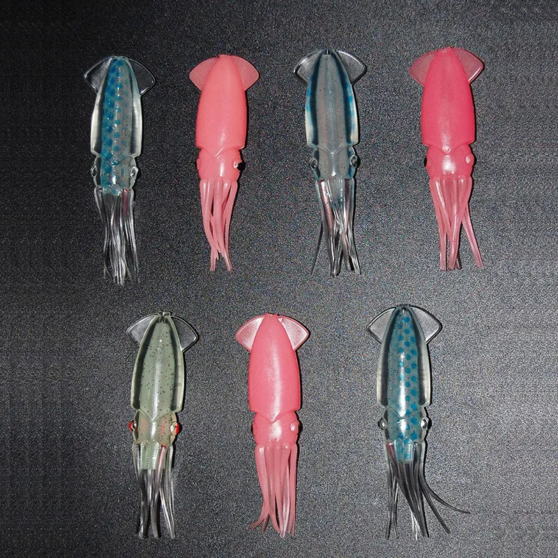 Señuelos de pesca de calamar de plástico blando de 8cm, 15 Uds., para Jigs, juego grande de colores mezclados, faldas de calamar luminosas, cebo de Jigging Artificial