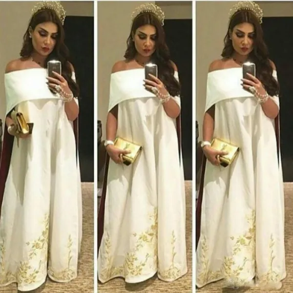 Saudi Arabic Kaftans With Embroidery Sexy Off The Shoulder White Evening Gowns Floor Length Prom Party Dresses For Women 2017