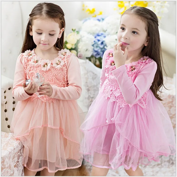 2016 Outono Nova Moda Menina Princesa Vestido Crianças Manga Comprida Flor Vestidos Estilo Coreano Bonito Do Bebê Meninas Lace Tulle Vestido Crianças Vestidos