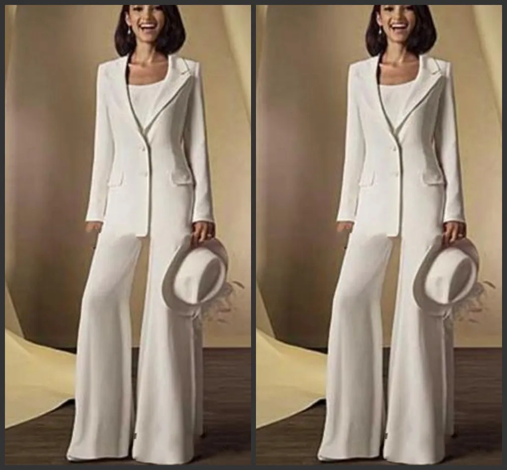 2019 Neue Satin-Hosenanzüge für die Brautmutter mit langen Ärmeln und Jacke, Mutterkleider nach Maß, weiße formelle Outfits 131