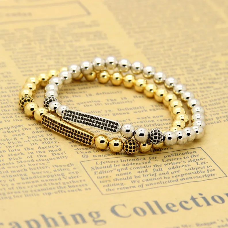 Nya smycken 6mm Real Gold Platinum Rose Black Plated Micro Inlay Black Cz Tube Beaded Armband