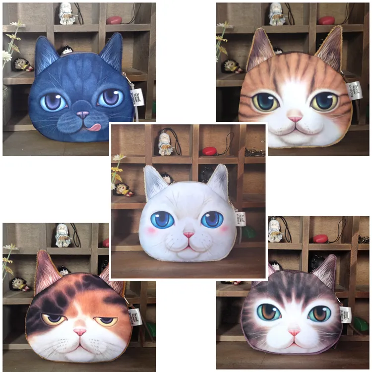 Animaux de bande dessinée en peluche sac à monnaie tête de chat visage impression 5 Style sac à monnaie de haute qualité 3D cadeaux personnels enfants portefeuille porte-monnaie