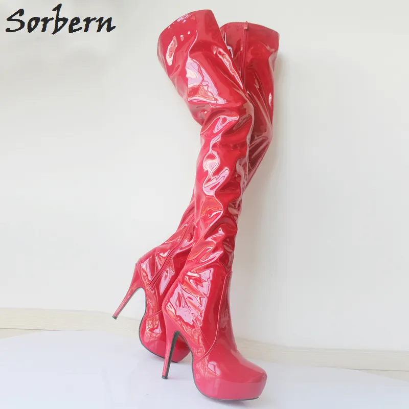 Sorbern 15Cm 하이 힐 부츠 여성 섹시한 크로 치 하이 부츠 플랫폼 라운드 투 발 얇은 하이 슈즈 무릎 부츠 사용자 정의 모든 색상