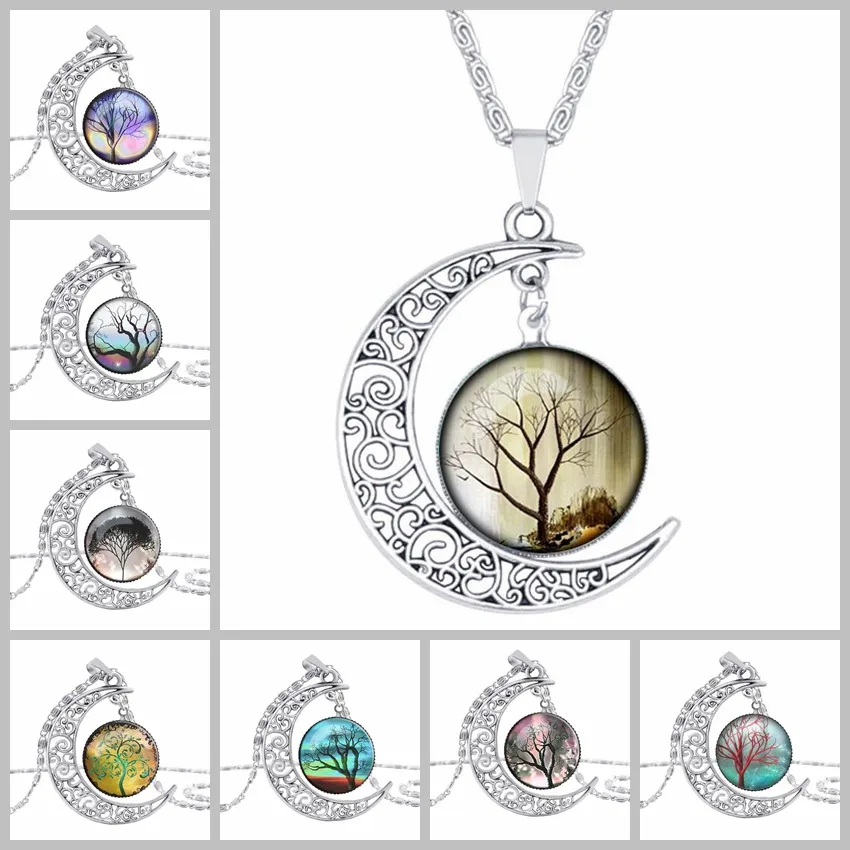Fashion Cabochons Glass Moon Necklace Starry Outer Space Universe Ädelsten Hängsmycken Träd av Life Halsband för kvinnor Smycken Tillbehör