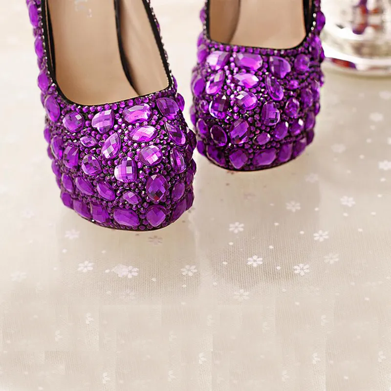 Purple Crystal Bridal Shoes High Heel Platforms Handgjorda vackra strass Bröllopsfestskor Luxury Graudation Prom Pumps299P