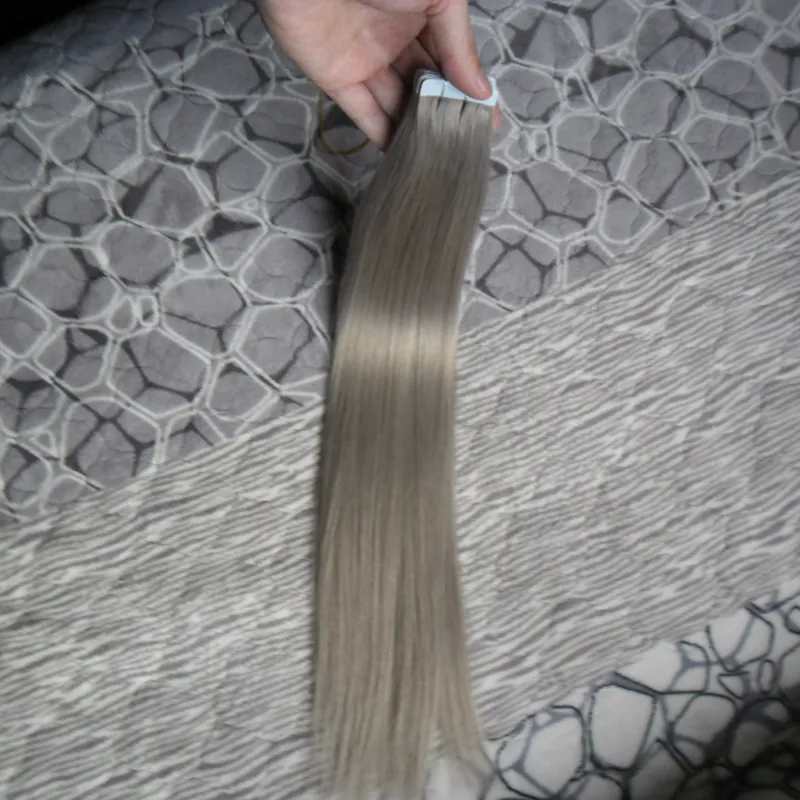 Gümüş Gri Saç Uzantıları Dikişsiz Remy İnsan Uzantıları 100g Bant 100g 40 adet Pu Cilt Atkı Bandı Saç Uzantıları Saç Ürünleri