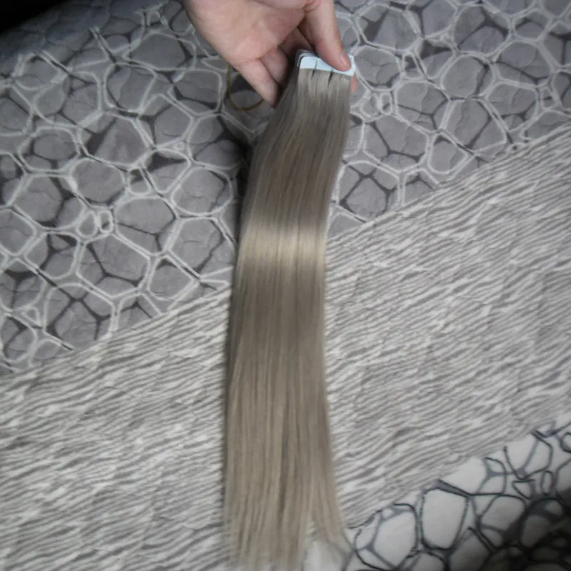 امتدادات الشعر الرمادية الفضية شريط ريمي 100 غرام بسلاسة في امتدادات بشرية 100gpu skin skin tape extensions hair product 5800636