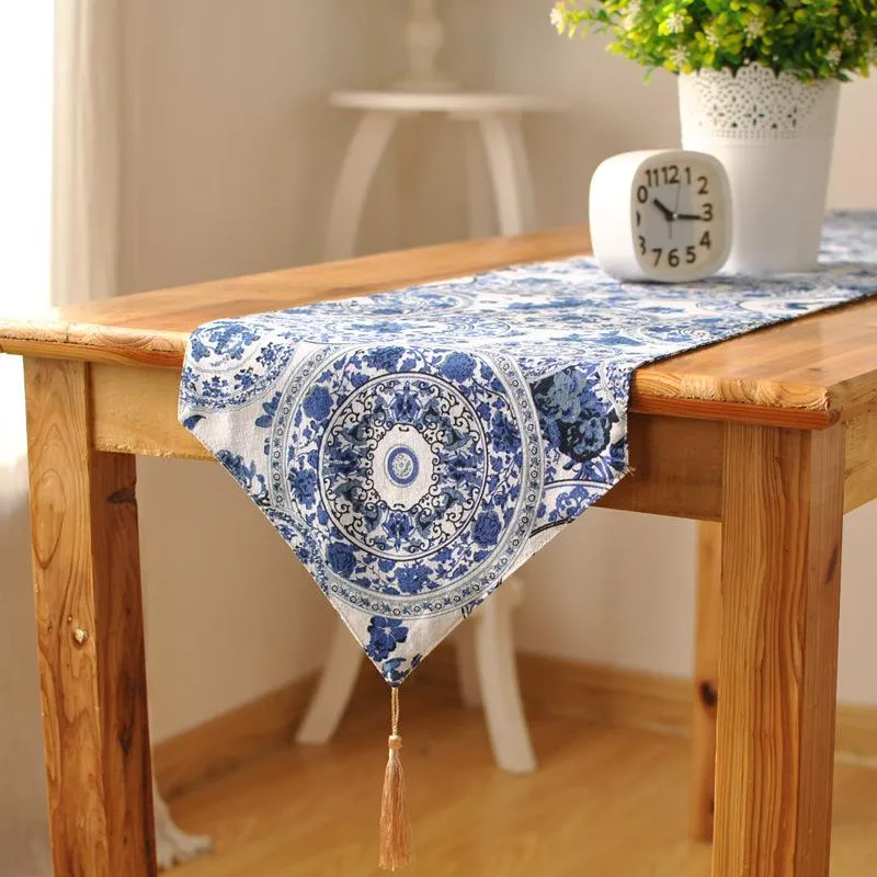 Heiße Verkäufe Blau Cotton Linen Tea Tischläufer Runde Endless Muster gedruckt Home Hotel Abdeckplane Staub-Beweis-Home Textile