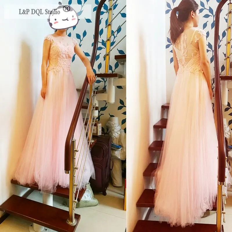 Pale Pink Evening Dresses Sexy Illusion Sheer with Applique Pearls Long Zipper Back Prom Dresses Party Gowns Cheap