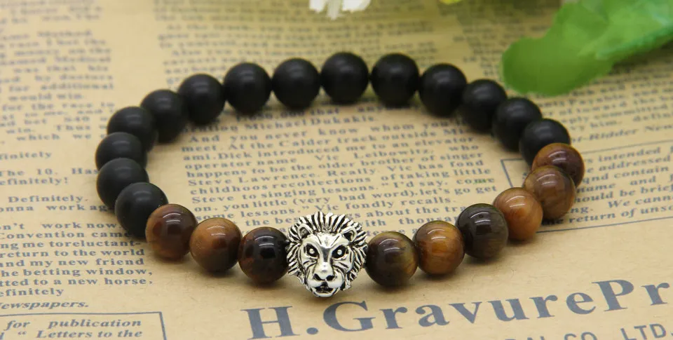 New Design Mens Bracelets Wholesale 8mm Natural Tiger Eye and Matte Agate Stone Beads Gold Lion Head Bracelets, Party Gift