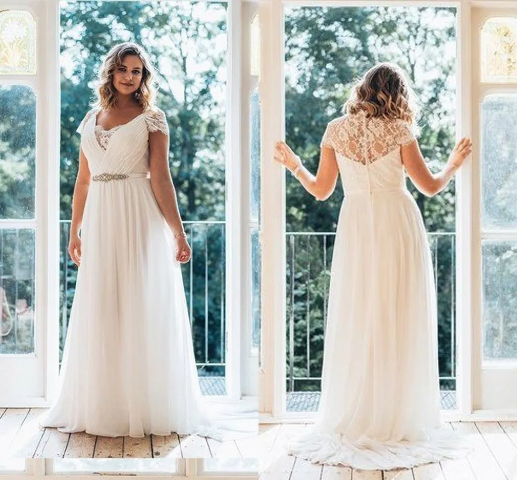 2022 Abiti da sposa economici eleganti Plus size scollo a V con maniche corte Nastro applicativo con abiti di pizzo in chiffon con perline di cristallo