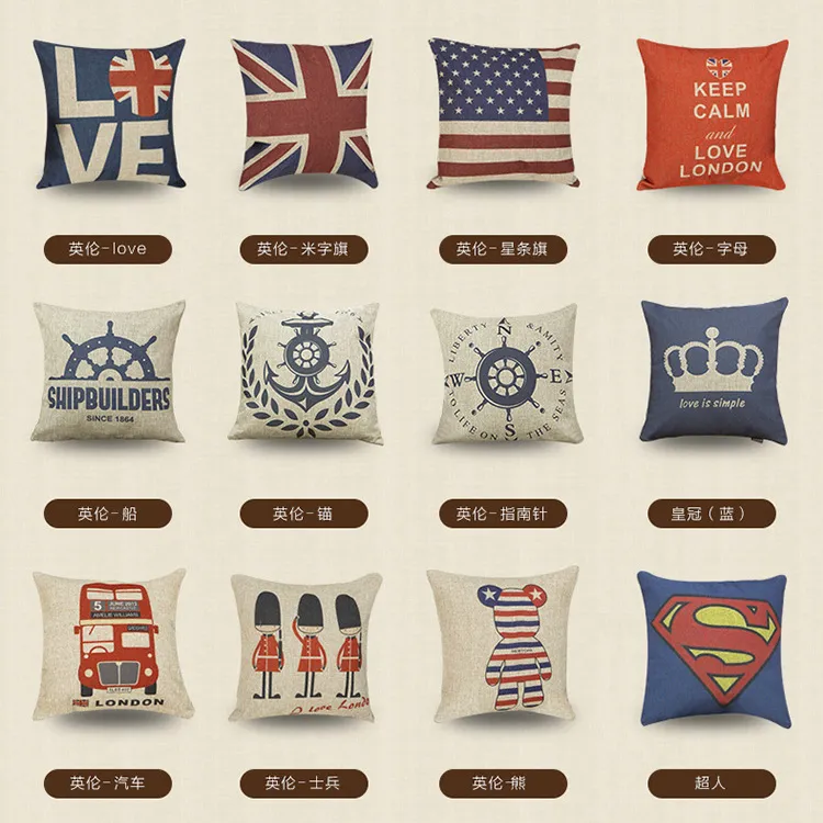 Vintage England Struck Pillowcases 11 Styles 최고 품질 스퀘어 인쇄 면직물 베개 커버 소파 베개 커버 자동차 침대 의자 베개 커버