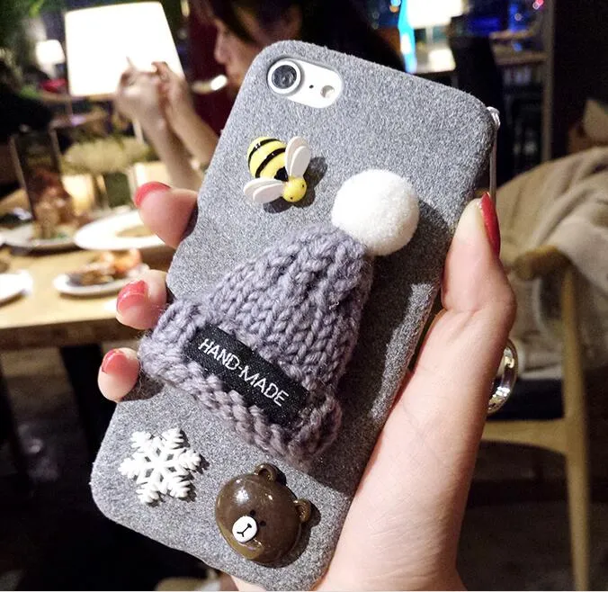 Fur chapéu de natal case para iphone 6 6 s 7 além de bonito quente menina rígido capa protetora phone case para iphone 6 6 s 7 além de cobertura de luxo