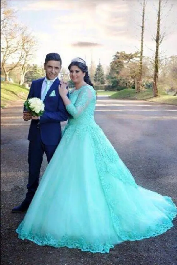 Gorgeous Mint Green Turquesa Plus Size Vestidos De Novia Mangas Con Cuentas Encaje Apliques Tulle A Line De Novia Árabe Vestido De Novia De € | DHgate