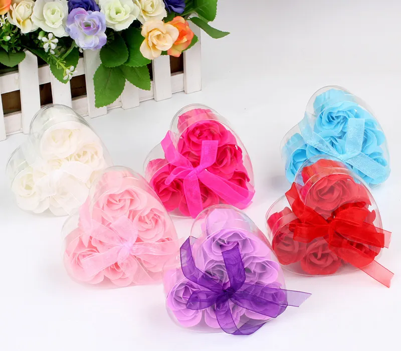 6 stks = één doos Hoogwaardige mix kleuren hartvormige roos zeep bloem voor romantische bad zeep Valentijnsdag geschenk