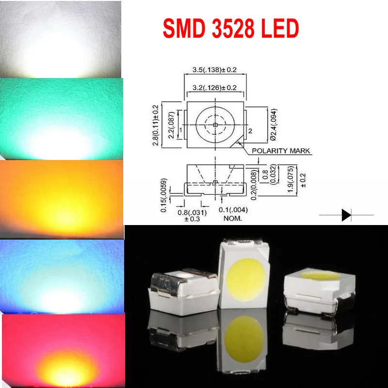 1000ピースSMD 3528（1210）ホワイトレッドブルーグリーンイエローLEDランプダイオード超明るい