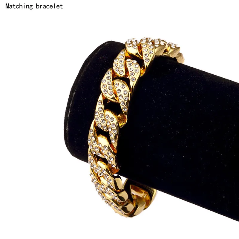 Высокое качество 24 к сплошной позолоченный Майами кубинский цепь блестящий Алмаз браслеты хип-хоп Bling ювелирные изделия Битник мужчины браслет