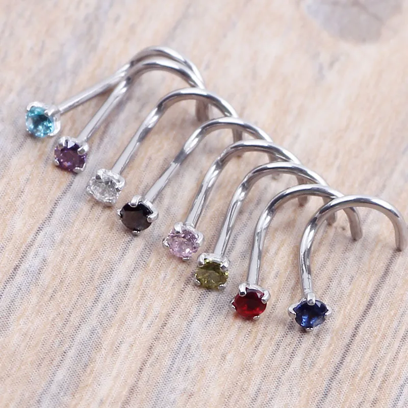 Crysta Gold Silver Zircon Nose Ring Screw Nose Stud Clear Pink Red Purple CURVED STEEL PIN RING PIERCING 20G 0 8mm238I