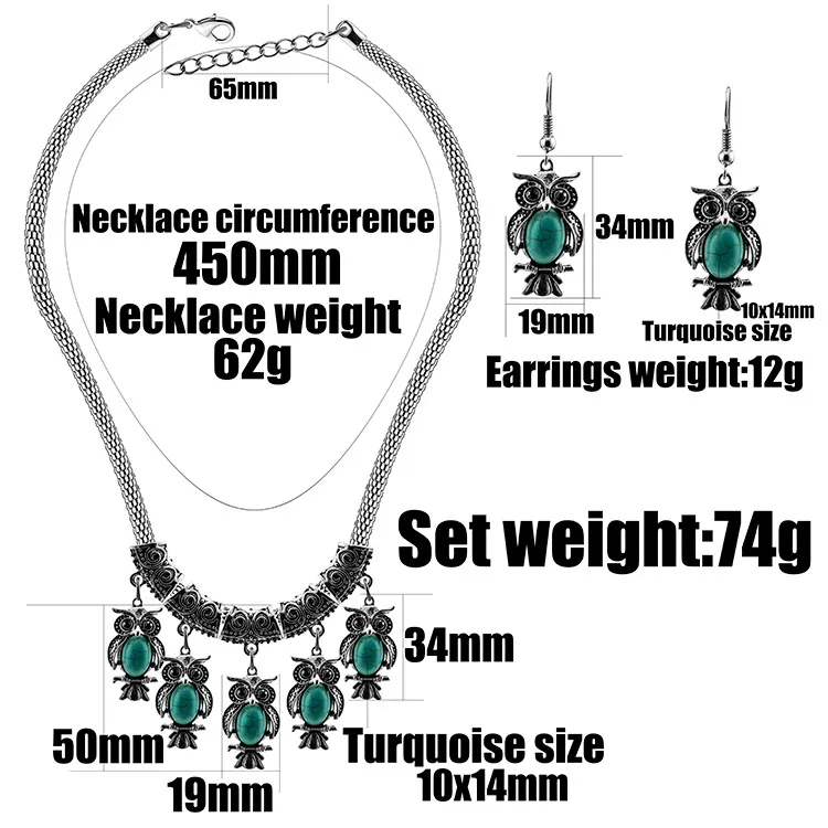 Fashion ladies Jewelry sets Vintage owl turquoise statement necklaces earrings jewelry set for women wholesale on sale