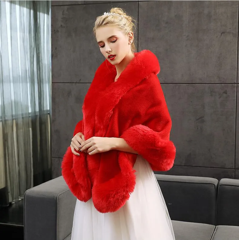 Winter Wedding Cloak Bridal Faux Fur Wraps Varm sjalar Ytterkläder Koreanska Stil Kvinnor Jacka Prom Evening Party PDK068