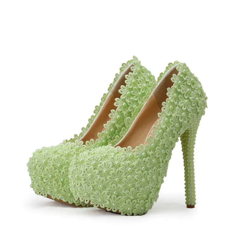 Chaussures à talons hauts en dentelle avec fleurs et perles, belles chaussures de fête de mariage, de mariée, de demoiselle d'honneur, blanc/vert/rose