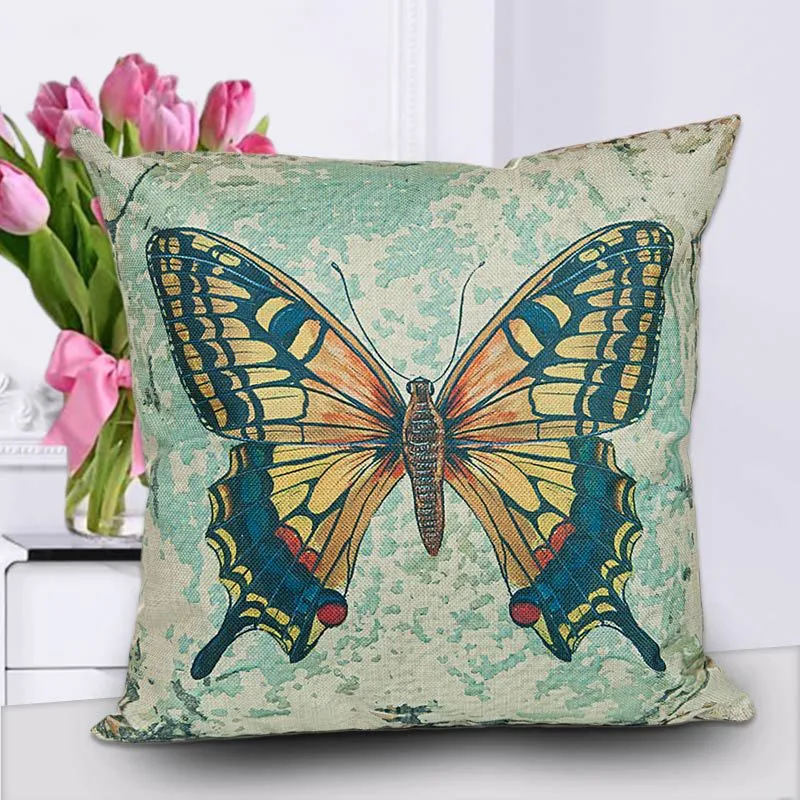 Kelebek Baskı Pamuk Karışımı Kanepe-Yastık Örtüsü Sevimli Papillon Naps Yastık Kılıfı Kare Ev Tekstili Yastık Kapakları