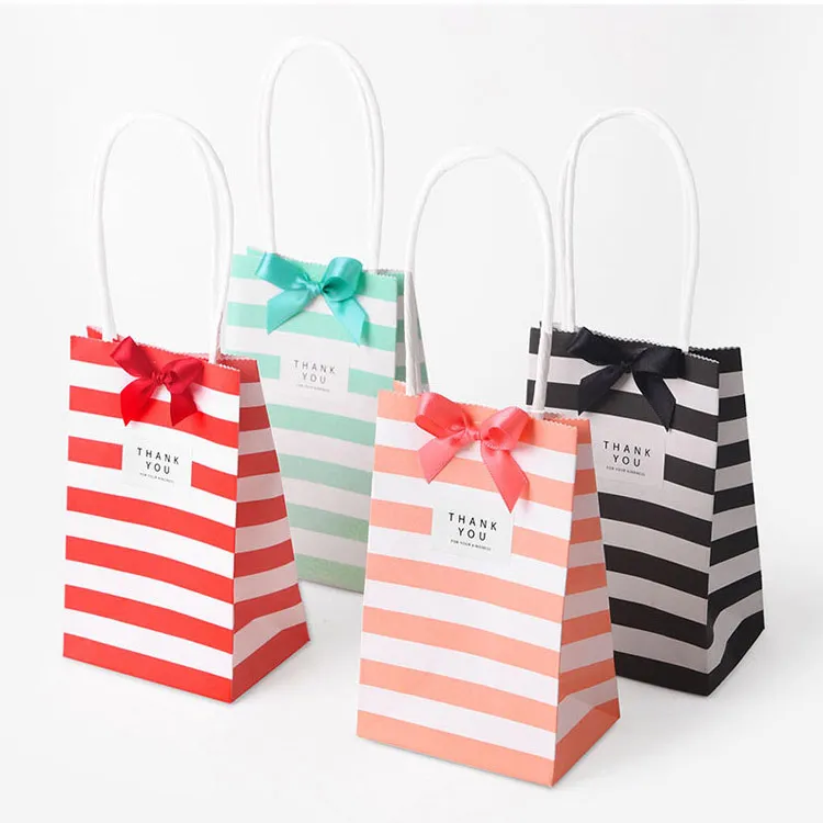 100 set Small gift Wrap paper bag with handles bow Ribbon stripe handbag Cookies candy Festival gifts Wrappackaging bags Jewelry birthday Wedding party favors